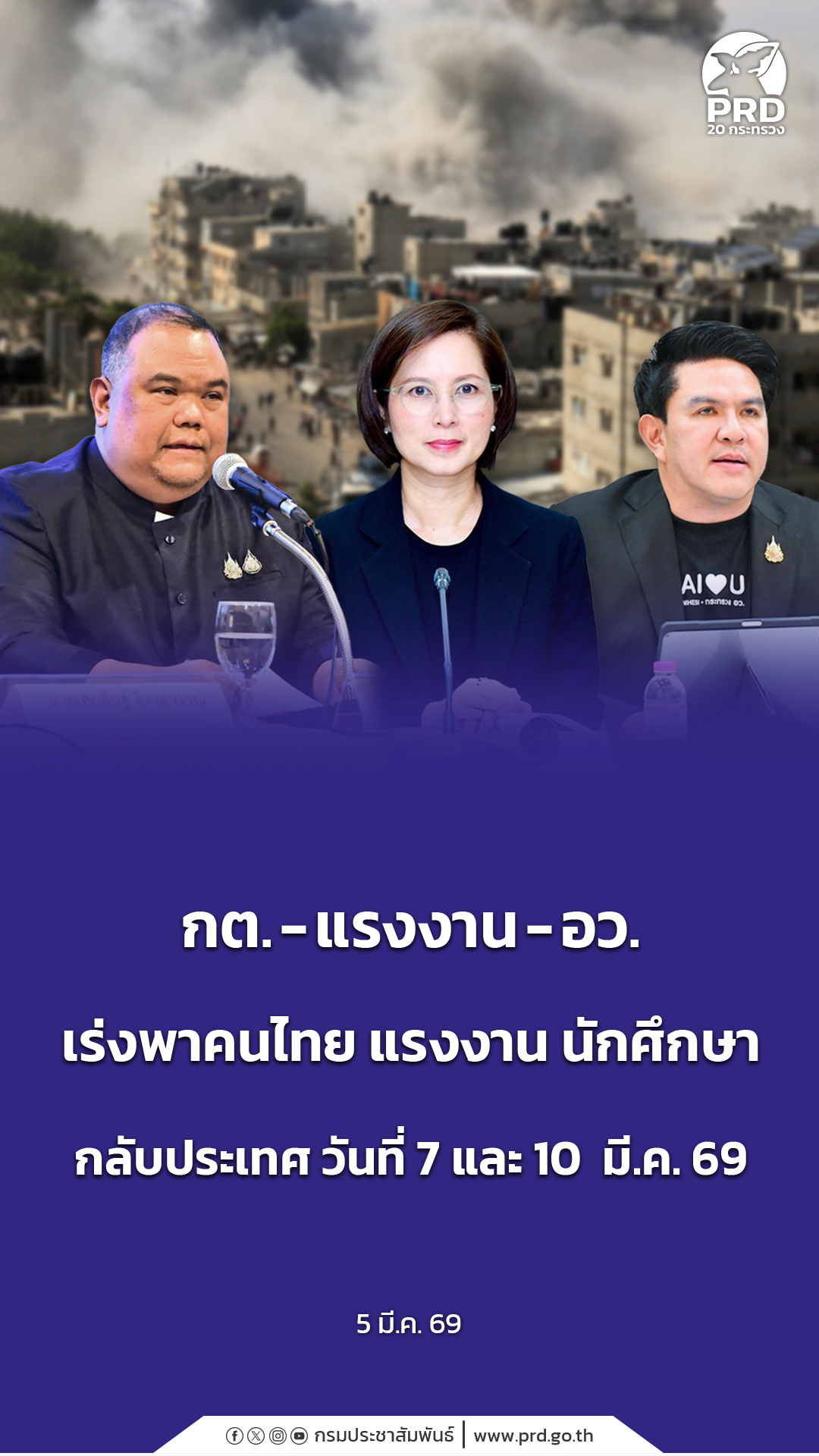 กต. - แรงงาน - อว. เร่งพาคนไทย แรงงาน นักศึกษา กลับประเทศ วันที่ 7 และ 10 มี.ค. 69  บทสรุป