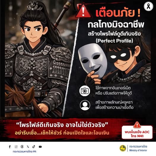 มหาดไทยเตือนภัย! รู้ทันกลโกง "โปรไฟล์เพอร์เฟกต์" (Perfect Profile) ในโลกออนไลน์ ใครจะสร้างโปรไฟล์ให้ดูดีเพียงใดก็ได้! มิจฉาชีพมักใช้จุดนี้สร้างความไว้วางใจเพื่อหลอกลวงเงินจากคุณ 