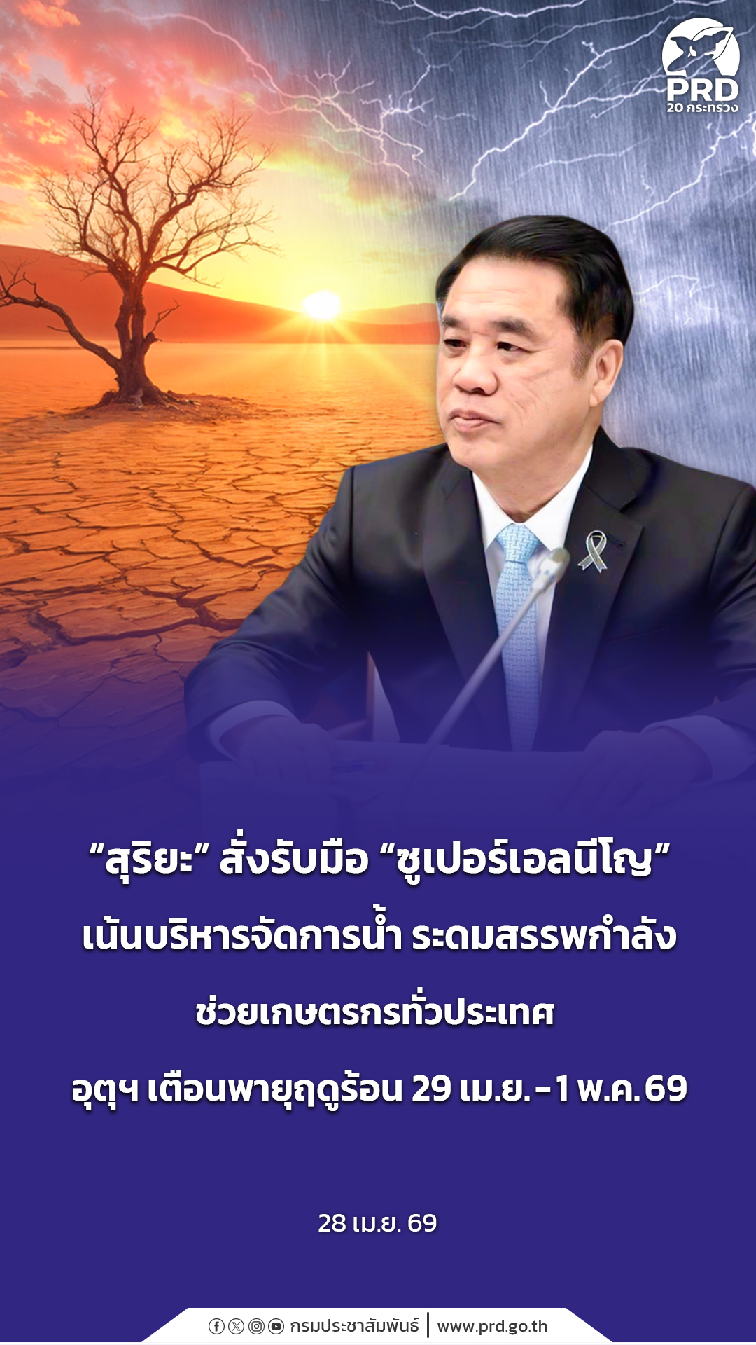 &ldquo;สุริยะ&rdquo; สั่งรับมือ &ldquo;ซูเปอร์เอลนีโญ&rdquo; กรมชลฯ - ฝนหลวง ระดมสรรพกำลังช่วยเกษตรกรทั่วประเทศ อุตุฯ เตือนพายุฤดูร้อน 29 เม.ย. - 1 พ.ค.