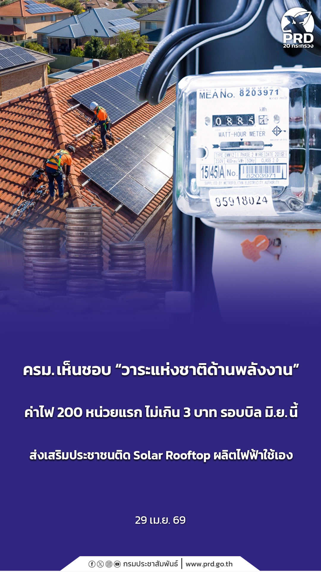 ครม. เห็นชอบ &ldquo;วาระแห่งชาติด้านพลังงาน&rdquo; ค่าไฟ 200 หน่วยแรก ไม่เกิน 3 บาท รอบบิล มิ.ย.นี้ ส่งเสริมประชาชนติด Solar Rooftop ผลิตไฟฟ้าใช้เอง