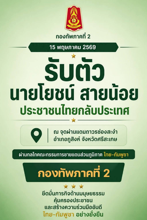 ข่าวดี! กัมพูชาส่งตัวคนไทยกลับประเทศ หลังถูกจับบริเวณแนวชายแดนไทย - กัมพูชา เบื้องต้นพบสภาพร่างกายปกติ