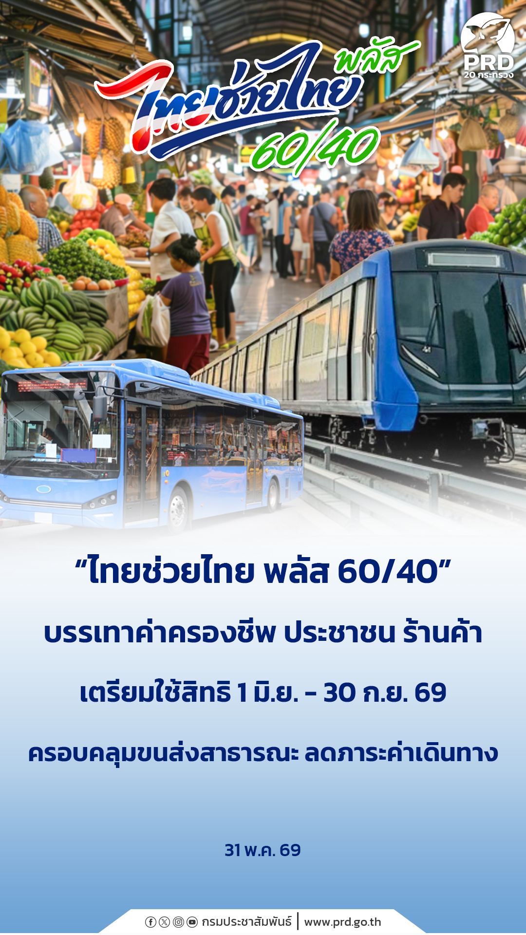 &ldquo;ไทยช่วยไทย พลัส 60/40&rdquo; บรรเทาค่าครองชีพ ประชาชน ร้านค้า เตรียมใช้สิทธิ 1 มิ.ย. - 30 ก.ย. 69 ครอบคลุมขนส่งสาธารณะ ลดภาระค่าเดินทาง