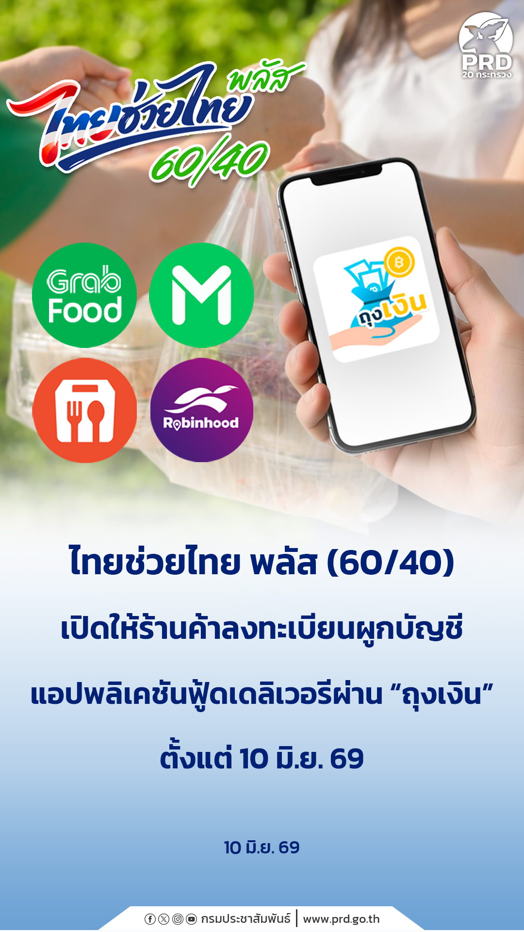 ไทยช่วยไทย พลัส (60/40) เปิดให้ร้านค้าลงทะเบียนผูกบัญชีแอปพลิเคชันฟู้ดเดลิเวอรีผ่าน &ldquo;ถุงเงิน&rdquo; 10 มิ. ย. 69 เป็นต้นไป