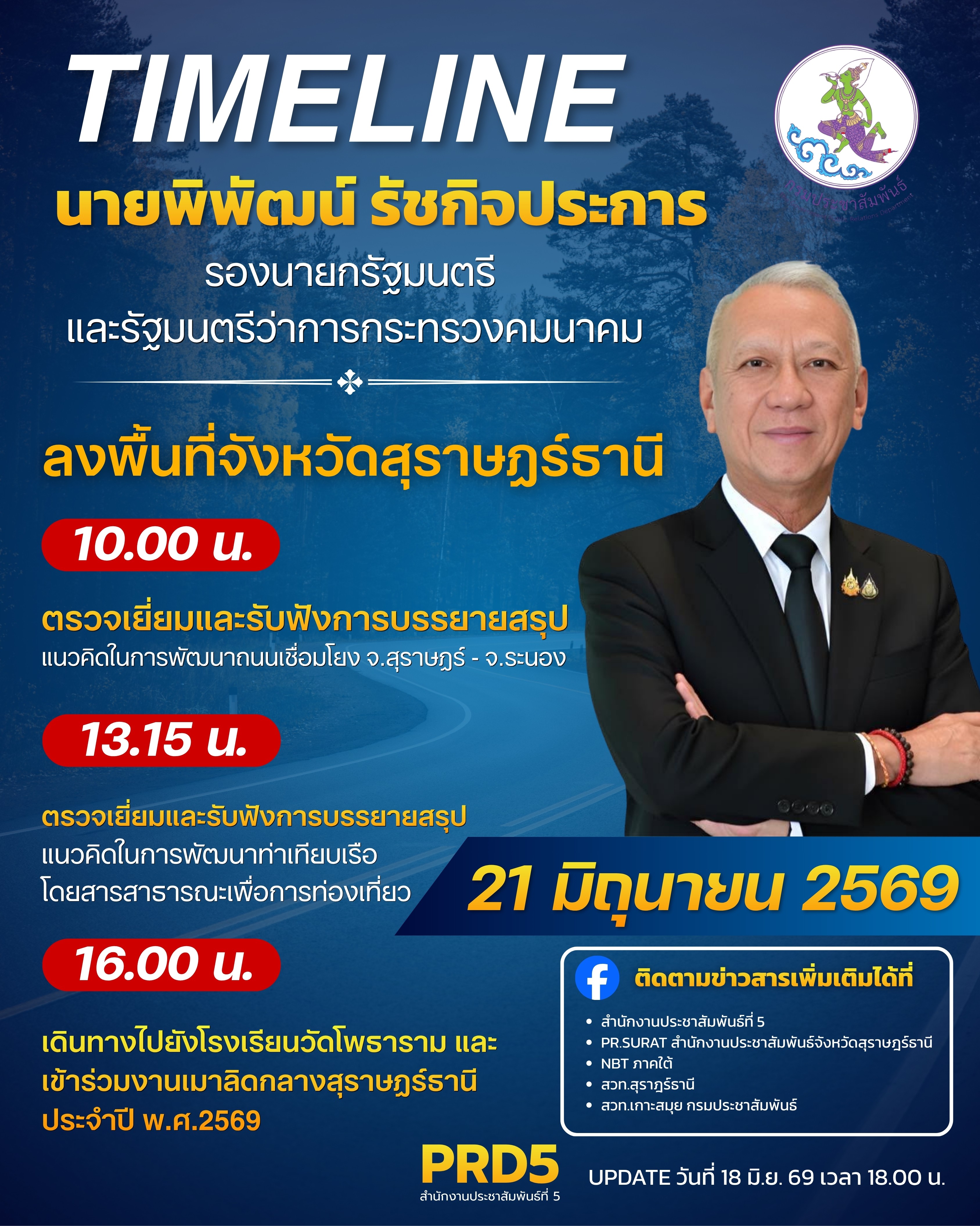 นายพิพัฒน์ รัชกิจประการ รองนายกรัฐมนตรีและรัฐมนตรีว่าการกระทรวงคมนาคม  มีกำหนดตรวจราชการในพื้นที่จังหวัดสุราษฎร์ธานี 