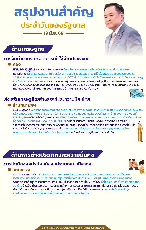 สรุปงานสำคัญประจำวันของรัฐบาล วันที่ 19 มิถุนายน 2569