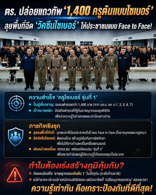 ตร. ปล่อยแถวทัพ &lsquo;1,400 ครูต้นแบบไซเบอร์&rsquo; รุ่นที่ 1 ลุยพื้นที่ฉีด &lsquo;วัคซีนไซเบอร์&rsquo; ให้ประชาชนแบบ Face to Face!