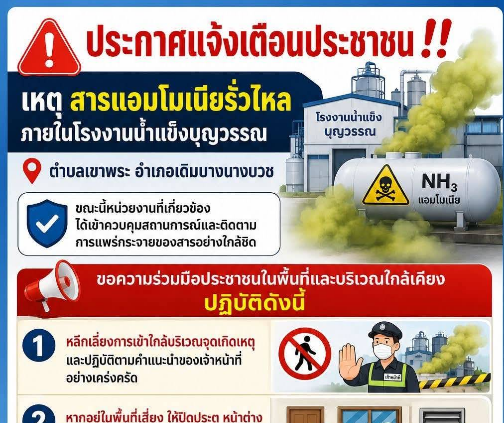 ประกาศแจ้งเตือนประชาชน เกิดเหตุ สารแอมโมเนียรั่วไหล ภายในโรงงานน้ำแข็งบุญวรรณ สุพรรณบุรี
