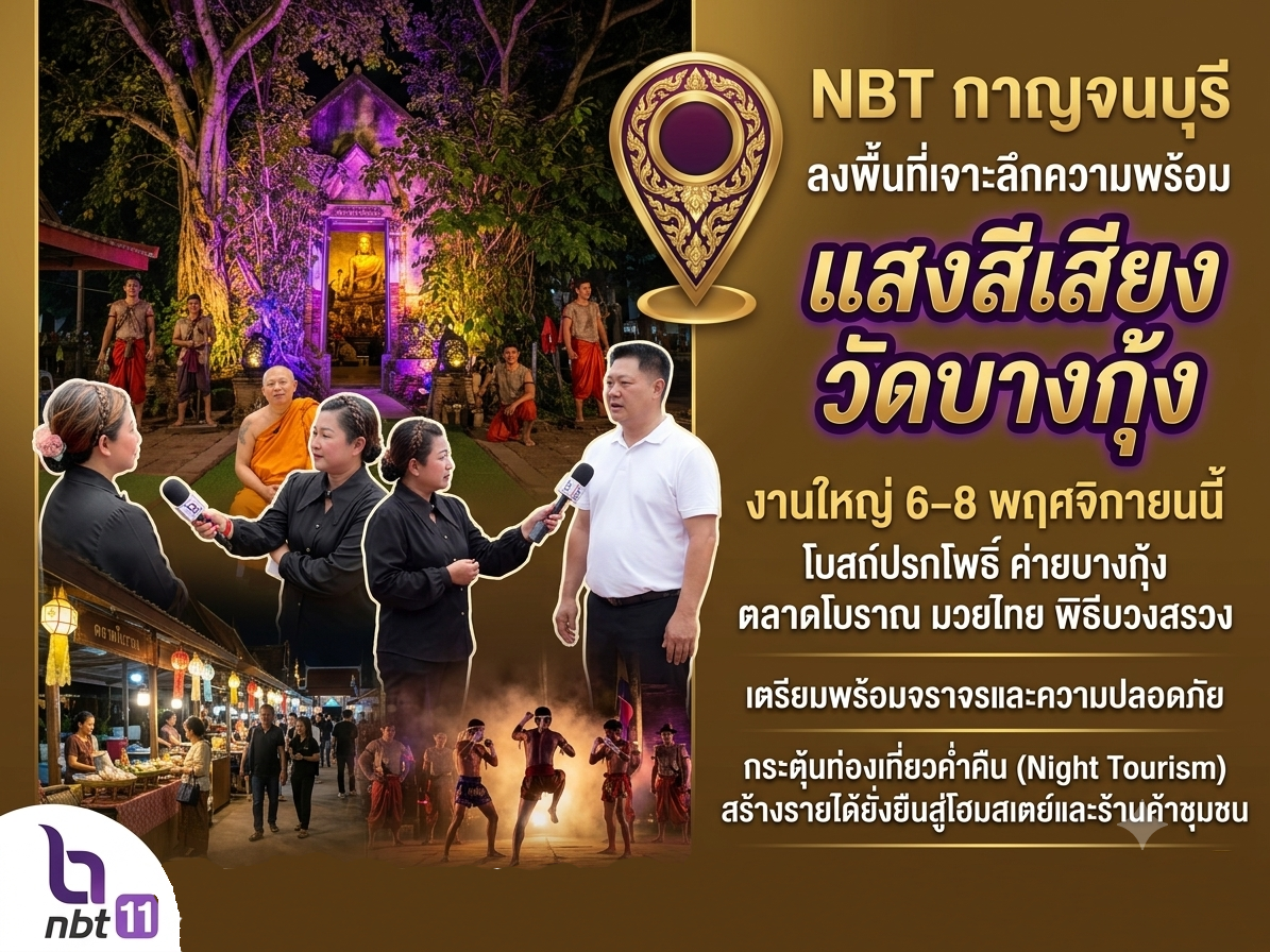 NBT กาญจนบุรี ลงพื้นที่วัดบางกุ้ง อำเภอบางคนที สัมภาษณ์เจาะลึกนายก อบจ.สมุทรสงคราม และเจ้าอาวาสวัดบางกุ้ง เตรียมความพร้อมงานใหญ่ แสงสีเสียง