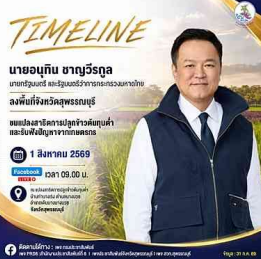 นายอนุทิน ชาญวีรกูล นายกรัฐมนตรี และรัฐมนตรีว่าการกระทรวงมหาดไทย ชมแปลงสาธิตการปลูกข้าวต้นทุนต่ำ และพบเกษตรกรที่จังหวัดสุพรรณบุรี ในวันเสาร์ที่ 1 สิงหาคม 2569 เวลา 09.00 น.