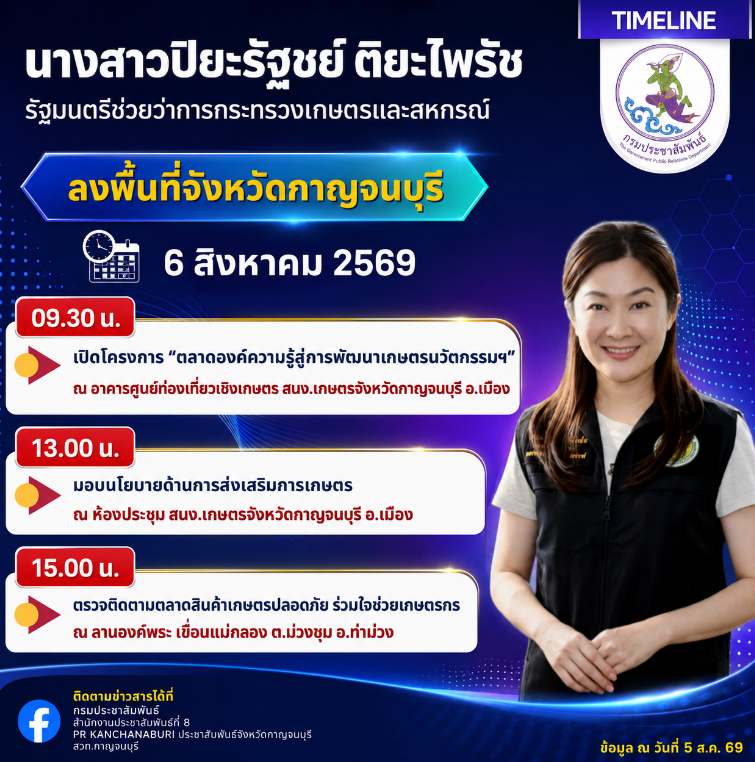 รัฐมนตรีช่วยว่าการกระทรวงเกษตรและสหกรณ์&nbsp; ลงพื้นที่จังหวัดกาญจนบุรี 6 สิงหาคม 2569 นี้&nbsp;
