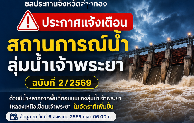ด่วนที่สุด! ชลประทานจังหวัดอ่างทอง ประกาศแจ้งเตือนสถานการณ์น้ำและการบริหารจัดการน้ำลุ่มน้ำเจ้าพระยา ฉบับที่ 2/2569