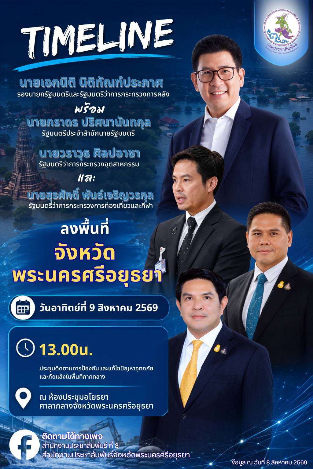 นายเอกนิติ ประชุมคณะกรรมการป้องกันและแก้ไขปัญหาอุทกภัยและภัยแล้งในพื้นที่ภาคกลาง ครั้งที่ 1/2569&nbsp;วันอาทิตย์ที่ 9 สิงหาคม 2569 เวลา 13.00 น.&nbsp; ณ ห้องประชุมอโยธยา อาคาร 1 ชั้น 3 ศาลากลางจังหวัดพระนครศรีอยุธยา&nbsp; อำเภอพระนครศรีอยุธยา จังหวัดพระนครศรีอยุธยา&nbsp;