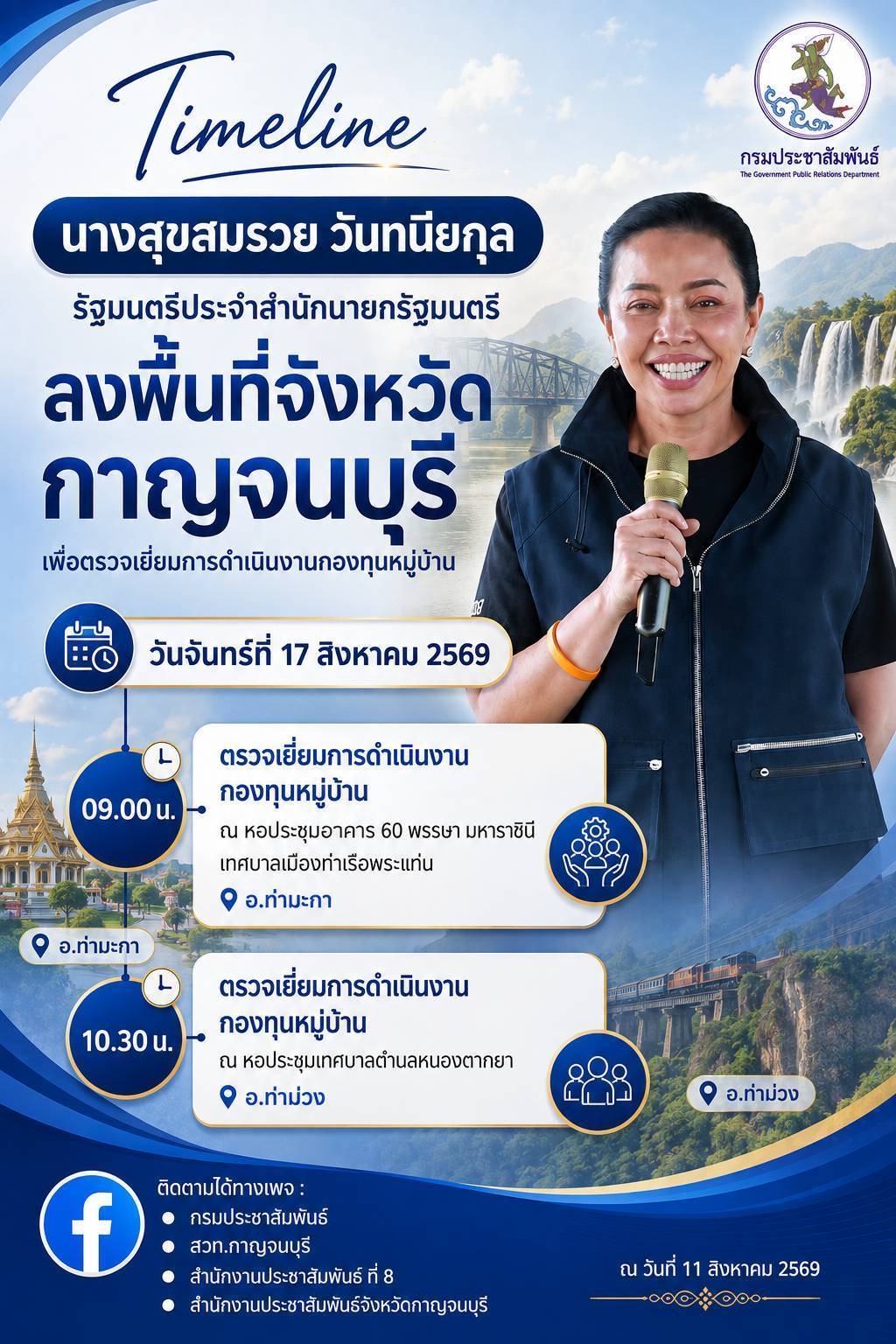 รัฐมนตรีประจำสำนักนายกรัฐมนตรี ตรวจเยี่ยมและติดตามการดำเนินงานของ "กองทุนหมู่บ้าน" ในพื้นที่จังหวัดกาญจนบุรี เสริมสร้างความเข้มแข็งให้ชุมชนและเศรษฐกิจฐานราก