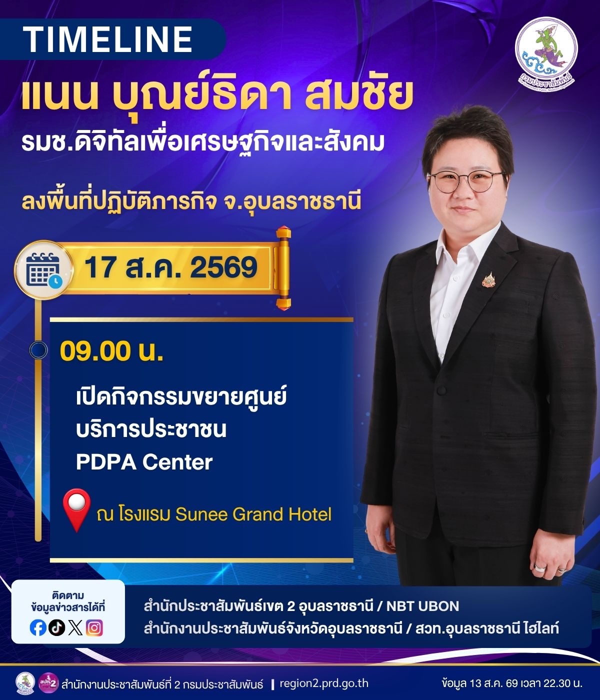 นางสาวแนน บุณย์ธิดา สมชัย รัฐมนตรีช่วยว่าการกระทรวงดิจิทัลเพื่อเศรษฐกิจและสังคม ลงพื้นที่ จ.อุบลราชธานี