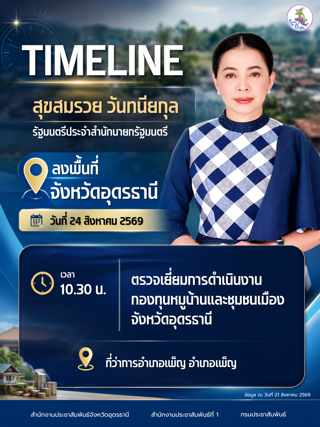 &nbsp;รัฐมนตรีประจำสำนักนายกรัฐมนตรี ลงพื้นที่ จังหวัดอุดรธานี