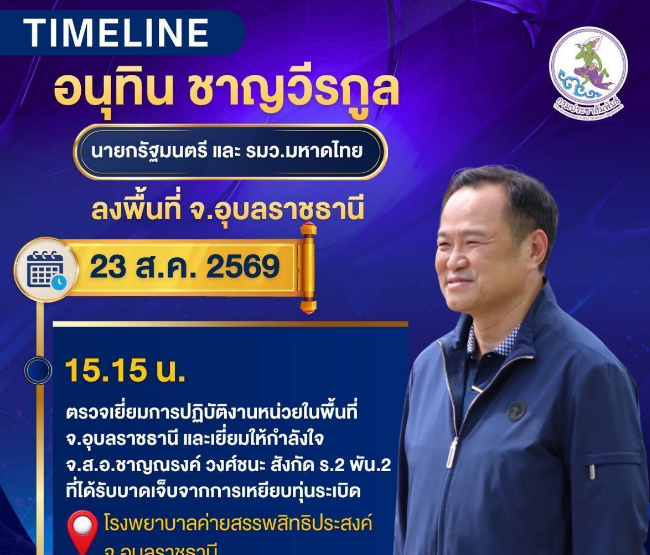 นายอนุทิน ชาญวีรกูล นายกรัฐมนตรีและรัฐมนตรีว่าการกระทรวงมหาดไทย ตรวจเยี่ยมการปฏิบัติงานหน่วยในพื้นที่จังหวัดอุบลราชธานี และเยี่ยมให้กำลังใจ จ.ส.อ.ชาญณรงค์ วงศ์ชนะ สังกัด ร.2 พัน.2 ที่ได้รับบาดเจ็บจากการเหยียบทุ่นระเบิด ณ โรงพยาบาลค่ายสรรพสิทธิประสงค์ จ.อุบลราชธานี วันที่ 23  สิงหาคม 2569