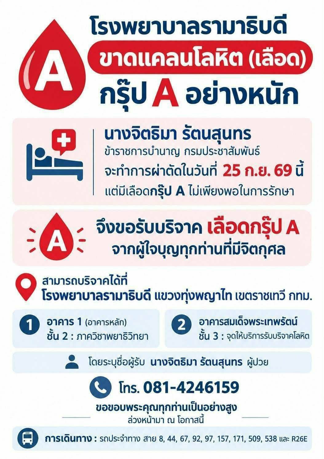 โรงพยาบาลรามาธิบดี ขาดแคลนโลหิต (เลือด) กรุ๊ป A 🩸