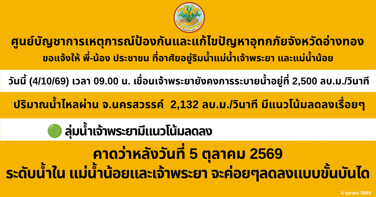 💥 ศูนย์บัญชาการป้องกันและแก้ไขปัญหาอุทกภัยจังหวัดอ่างทอง